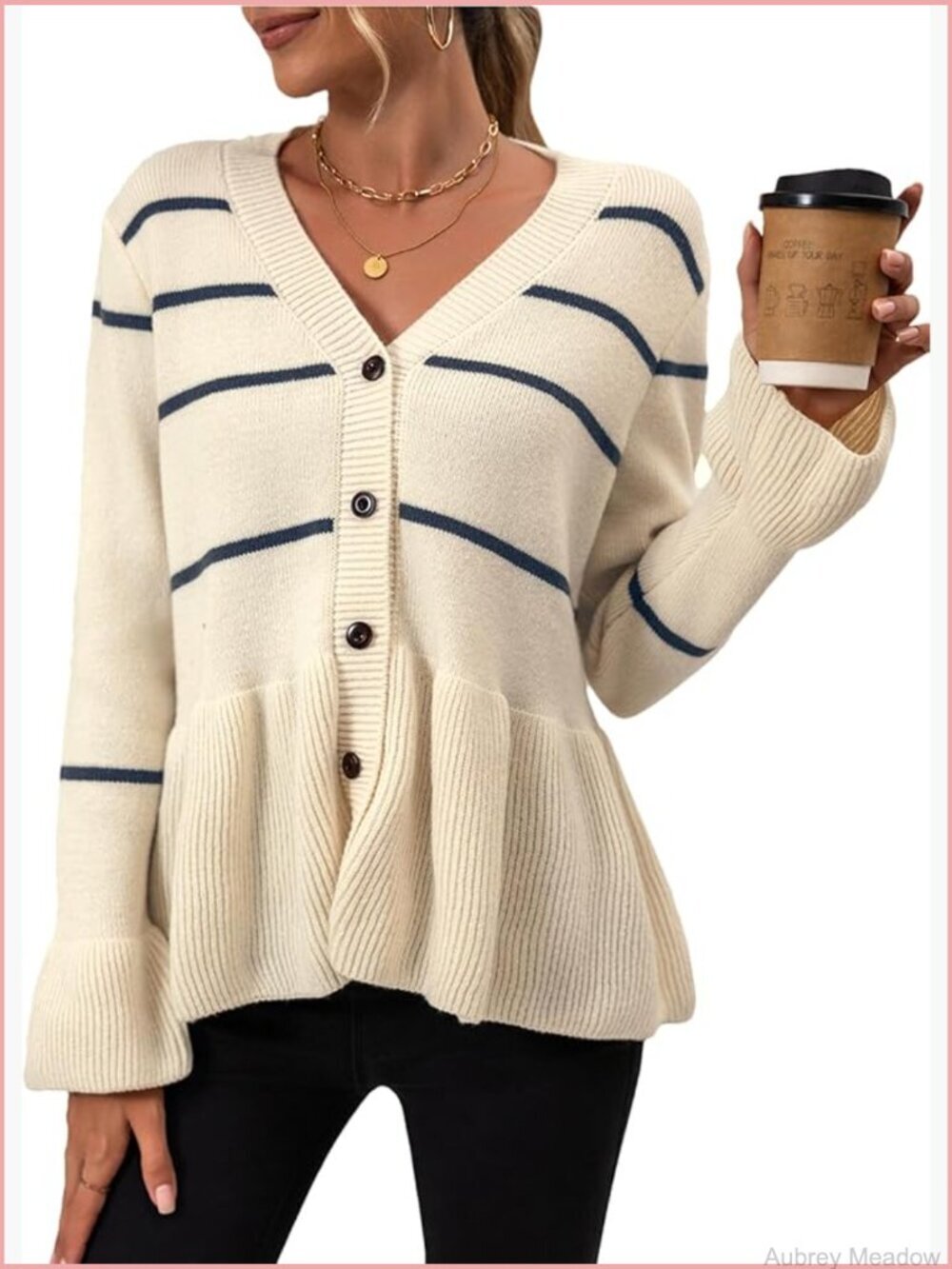 Women's Striped Cropped Knit V Neck Cardigan Sweater Flared Hem